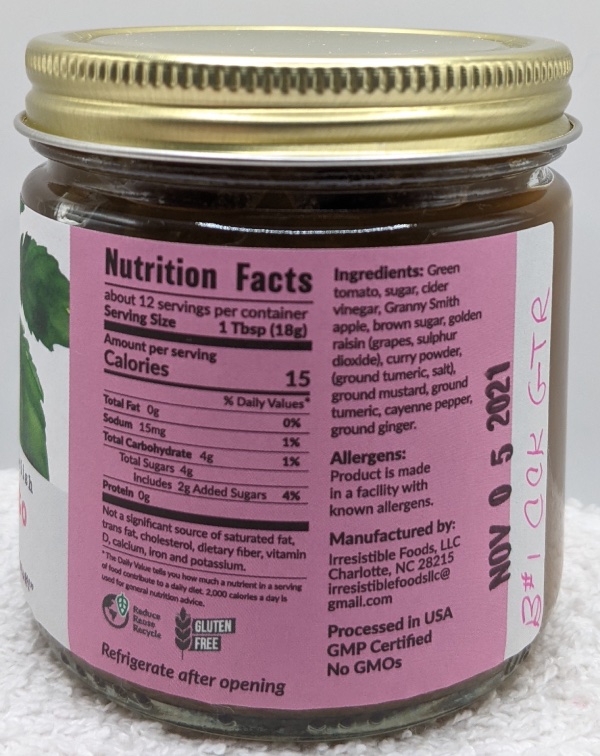 green tomato relish nutritional information label