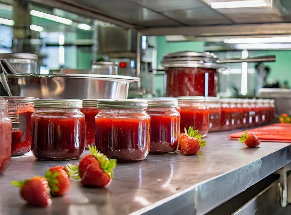 commercial kitchen making strawberry jam conserve with jars lined up